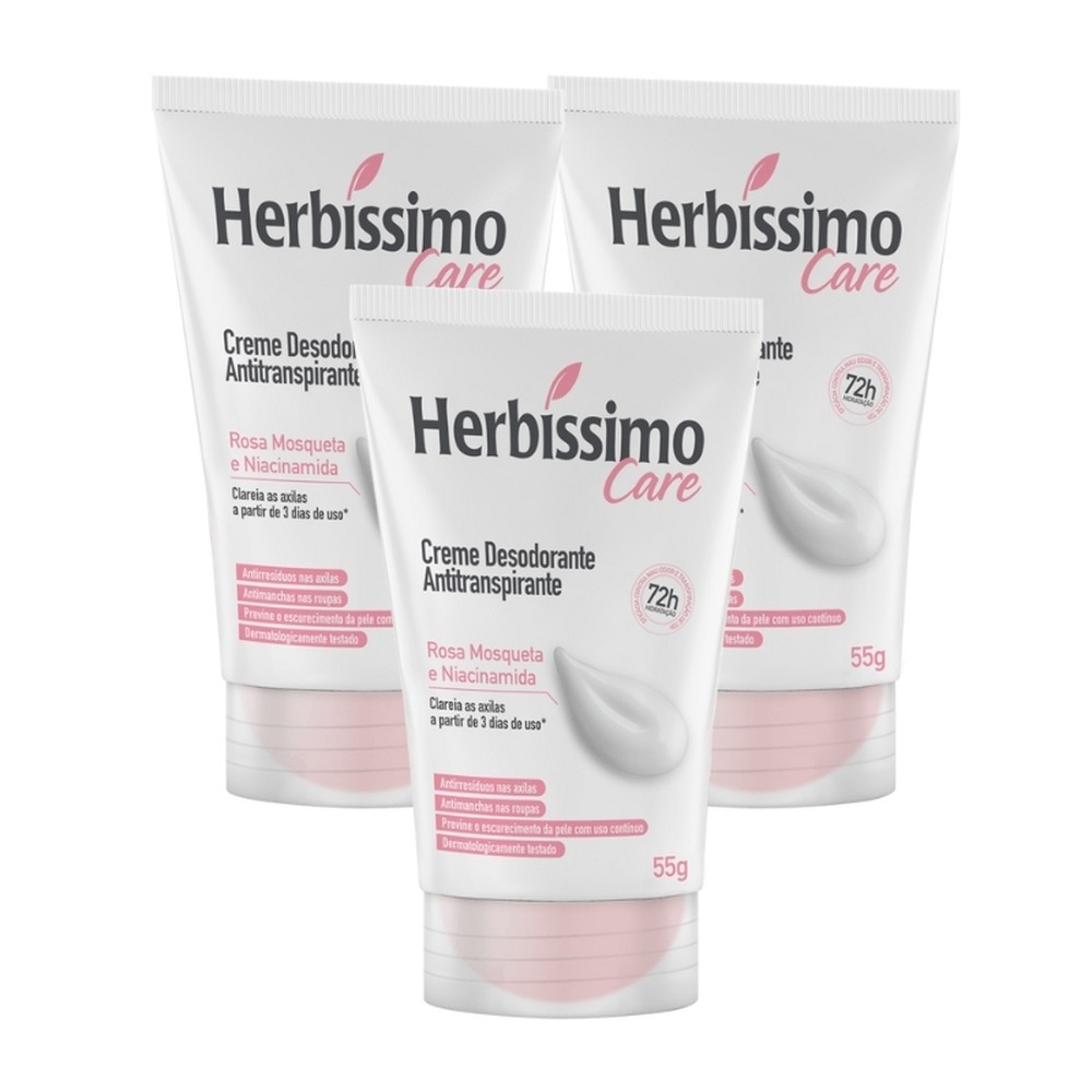 Kit 3 unid - Desodorante Creme Antitranspirante Herbíssimo Bisnaga Rosa Mosqueta e Niacinamida 55g em Oferta na Shopee