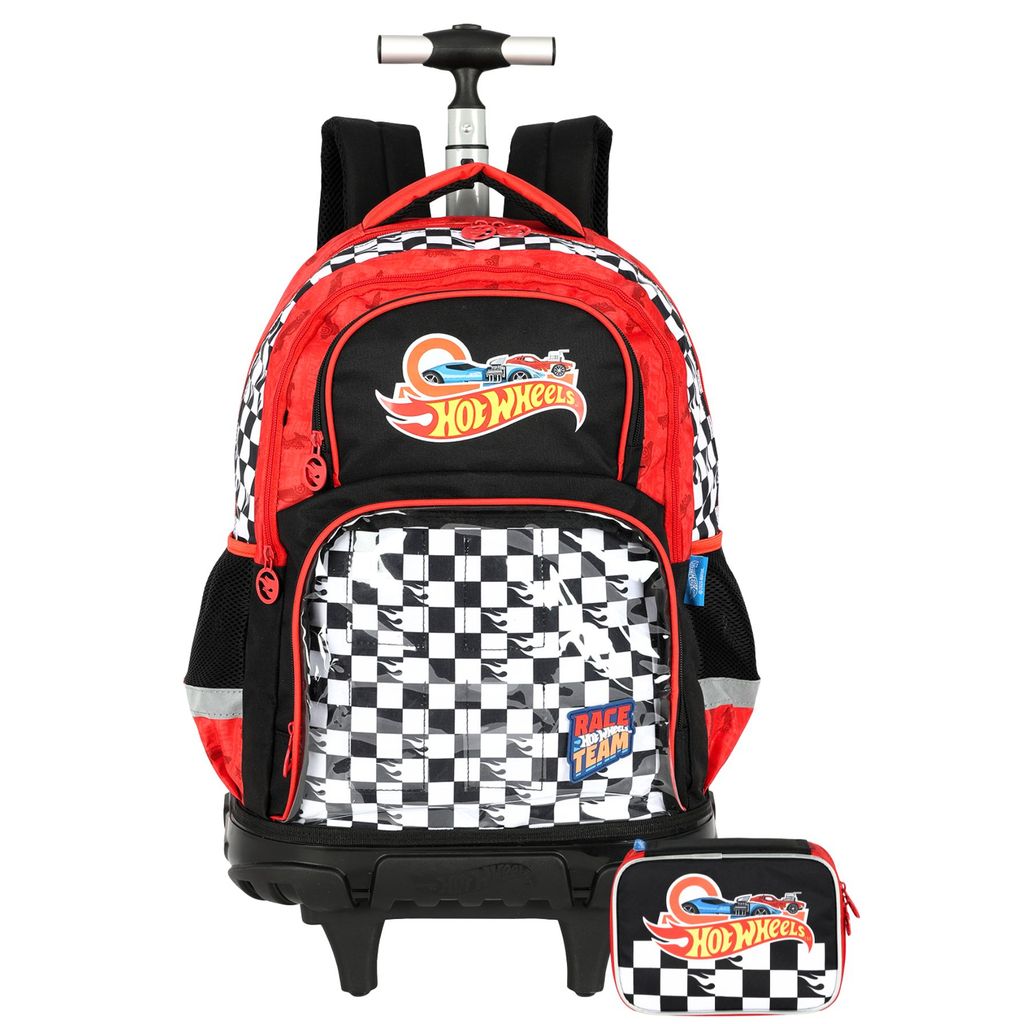 Kit Conjunto Escolar Juvenil Menino Carro Hot Wheels Mochila 2EM1 Costas Rodas + Estojo Box Luxo