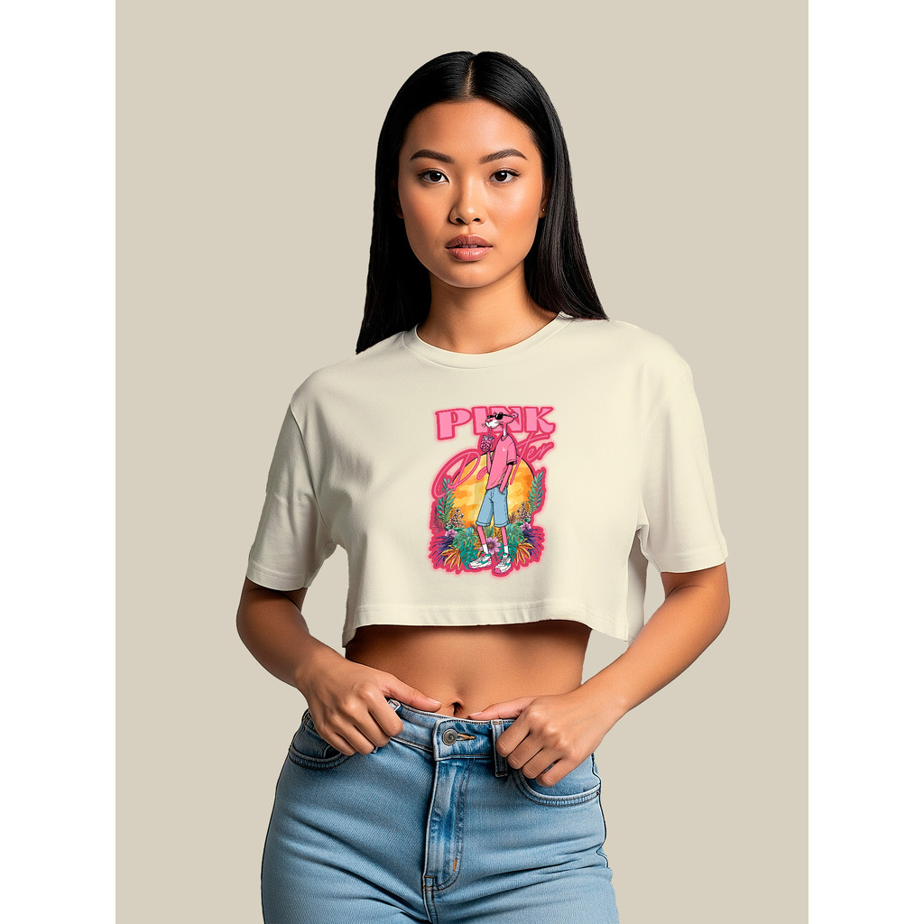 Blusa Cropped Personagem Pantera Cor De Rosa Pink Panther Retrô Cropeds Academia Preto Marrom Branco Cropped Manga longa
