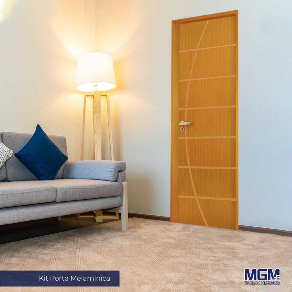 Kit Porta de Madeira Decorada 212x65cm com Batente de Alumínio 3,6cm Neblina MGM Abertura Direita Mogno Mogno