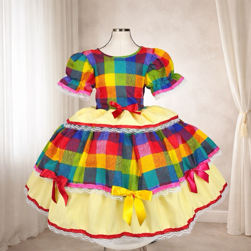 Vestido Festa Junina Infantil Menina Xadrez Rodado Luxo São João