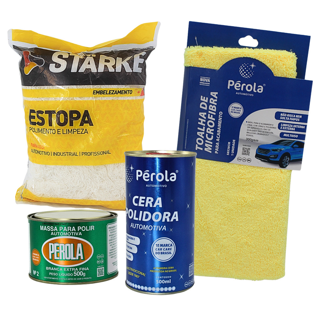 Kit Polimento Auto Massa N2 + Cera + Estopa + Pano Microfibra
