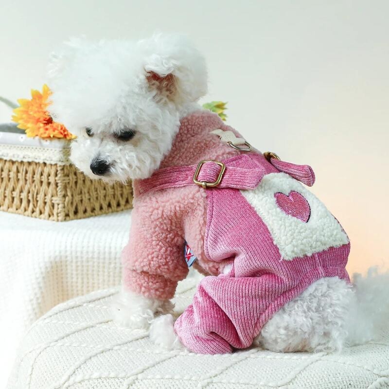 Macacão de Inverno Love Fur para Cães, Jaqueta Rosa com Arnês e Calças de Veludo Cotelê Rosa, Roupa Quente de Inverno pa