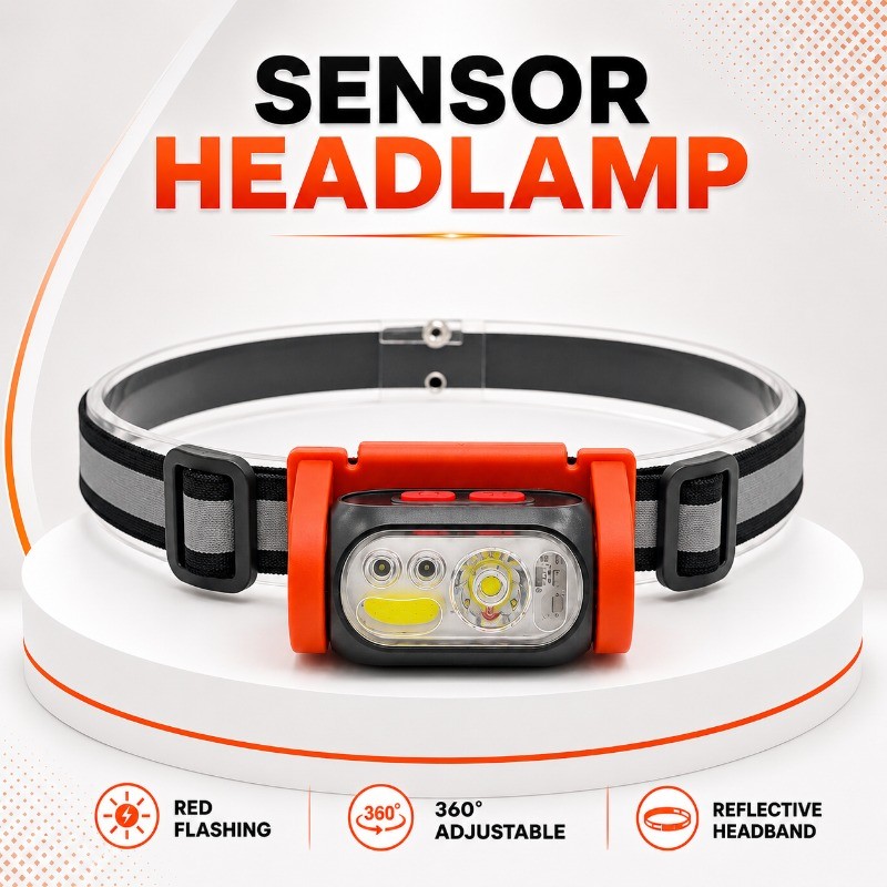 Farol Com Sensor Recarregável Tipo C 600mAh Externo Leve LED + COB Fonte De Luz Dupla Frontal Ajustável Em Vários Níveis