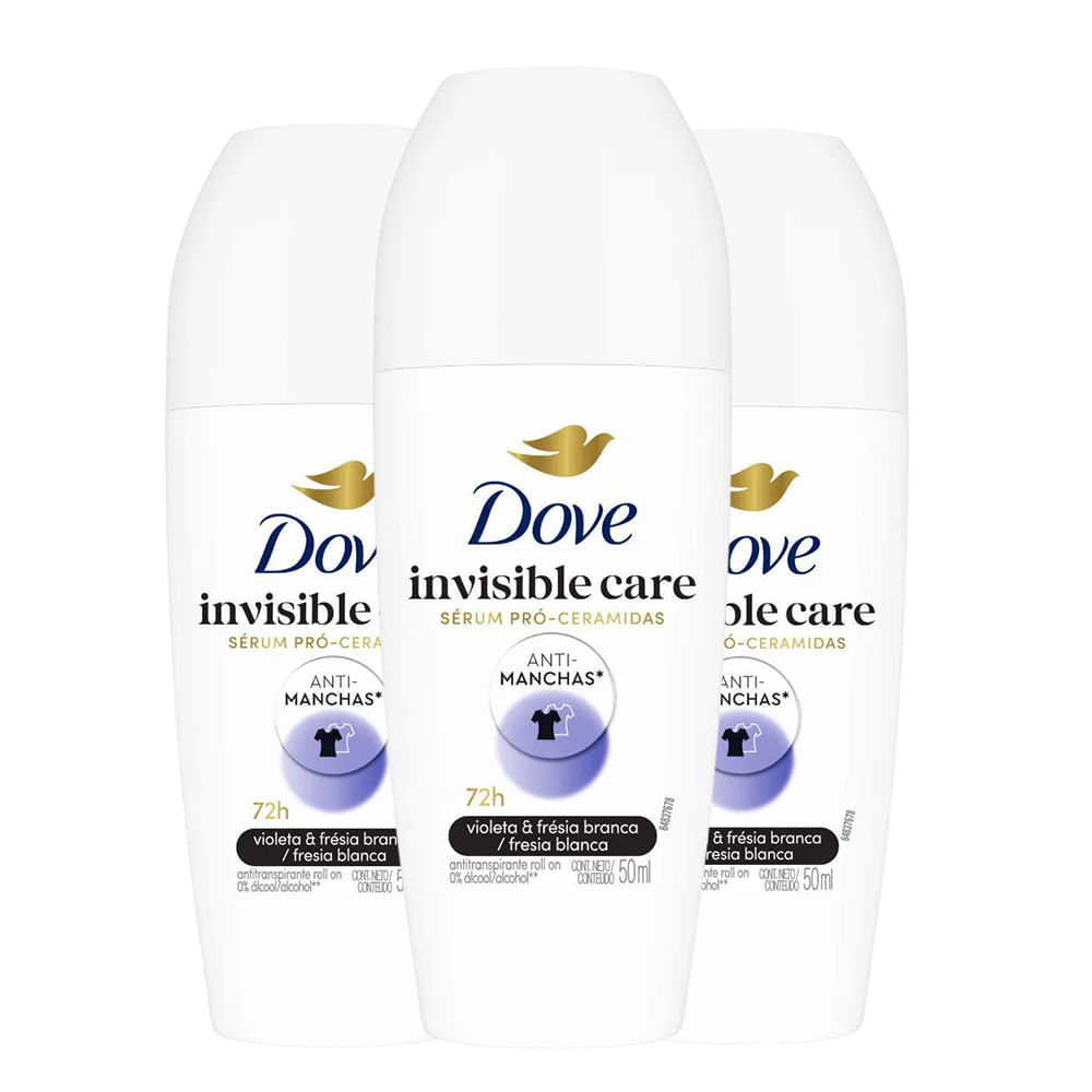 Kit Desodorante Roll On Dove Invisible Care 50ml - 3 unidades