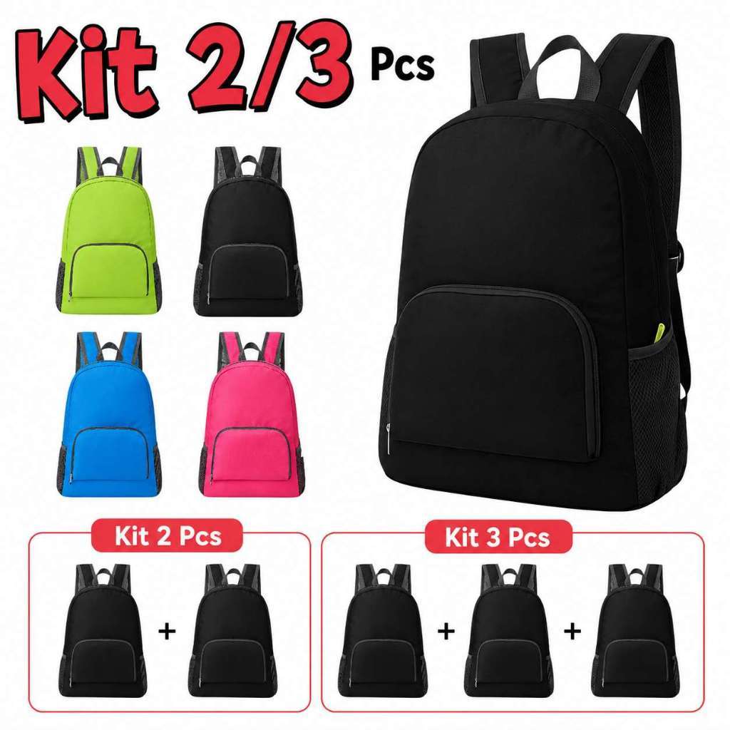 KIT 2/3 Mochila Saco Esportiva Dobrável Compacta Impermeável Nylon Resistente para Viagem Escola e Academia