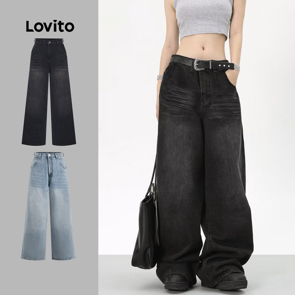 Lovito Jeans casual simples com lavagem crua para mulheres 102AD449