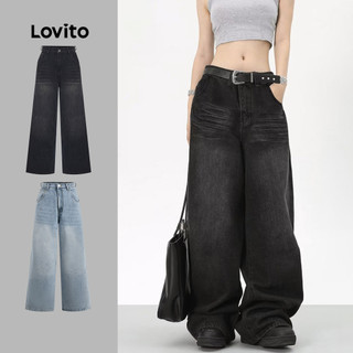 Lovito Jeans casual simples com lavagem crua para mulheres 102AD449