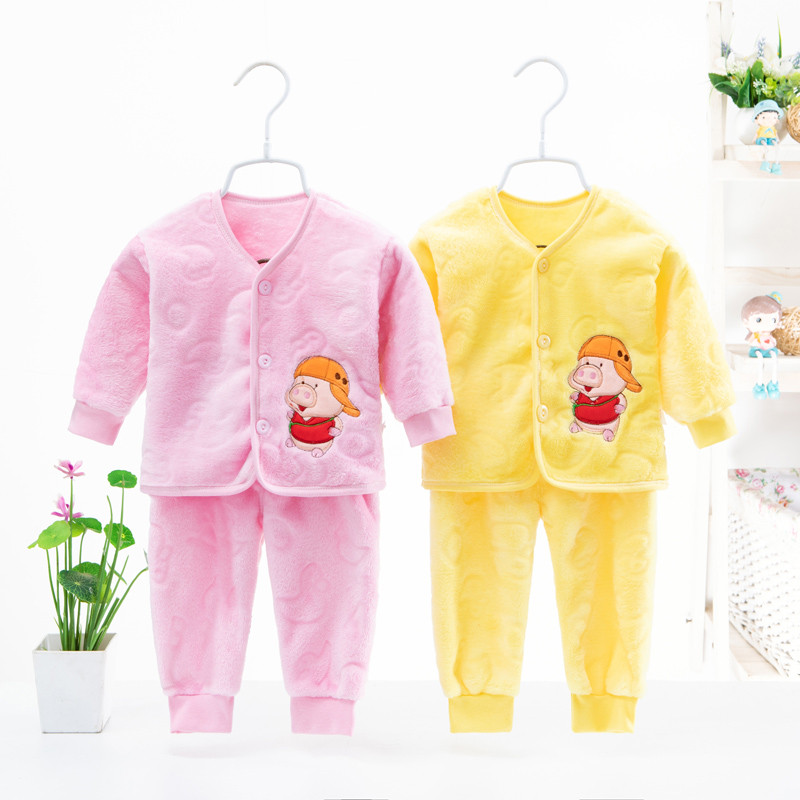 Bebê forro de lã engrossado conjunto roupa interior do bebê Coral velo quente pijamas das crianças primavera outono inve