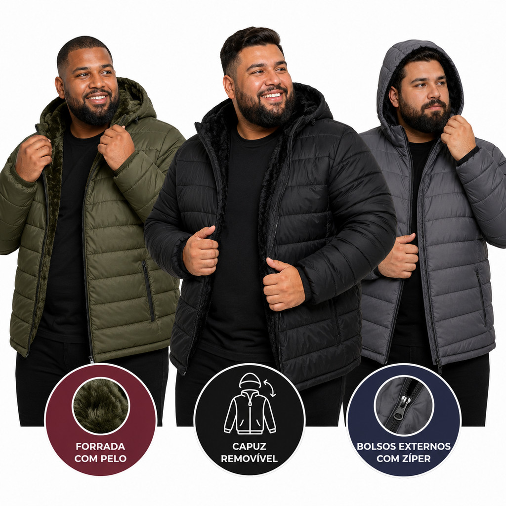 Jaqueta Masculina Plus Size Bobojaco Puffer Inverno Forrada Peluciada Capuz Removível Corta vento Proteção Frio Intenso