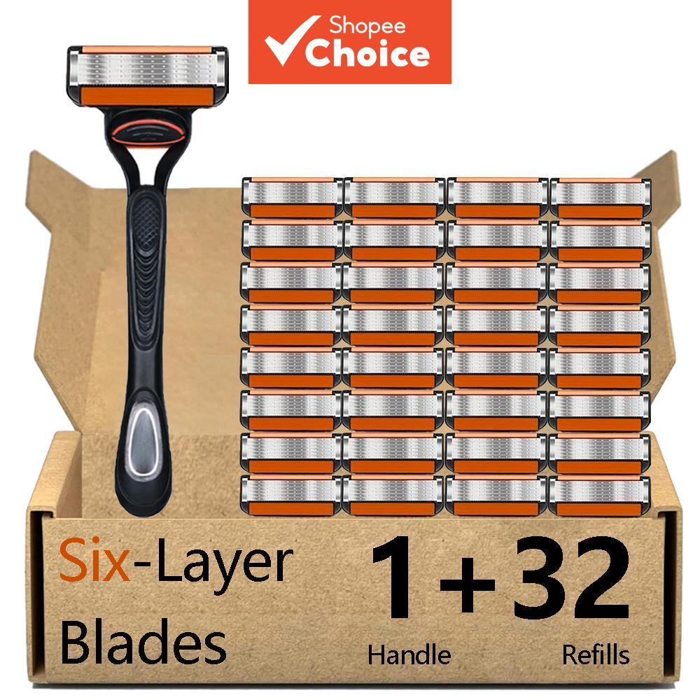Barbeador Masculino De Aço Inoxidável De 6 Camadas-Cabo Antiderrapante E 32 Lâminas , Compatível Com Gillette Fusion 5