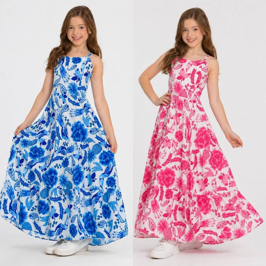 Vestido Longo Infantil Juvenil Estampado Azul Rosa Crepinho Rodado Alça Tamanhos 8 a 18 Moda Verão