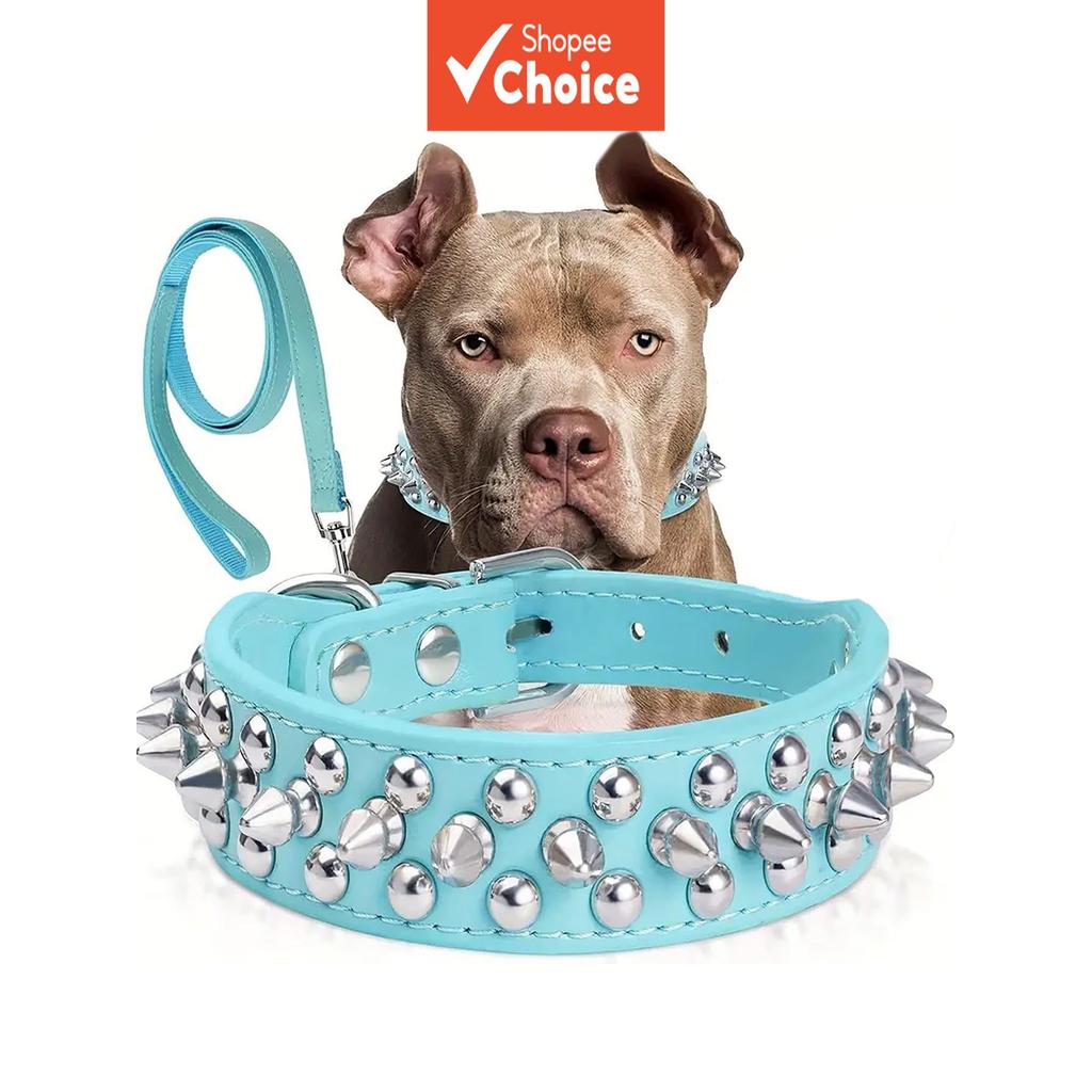 Coleira de Couro com Tachas e Picos com Guia, Coleira de Couro PU com Rebites Epesiri para Pit Bull, Coleira de Couro