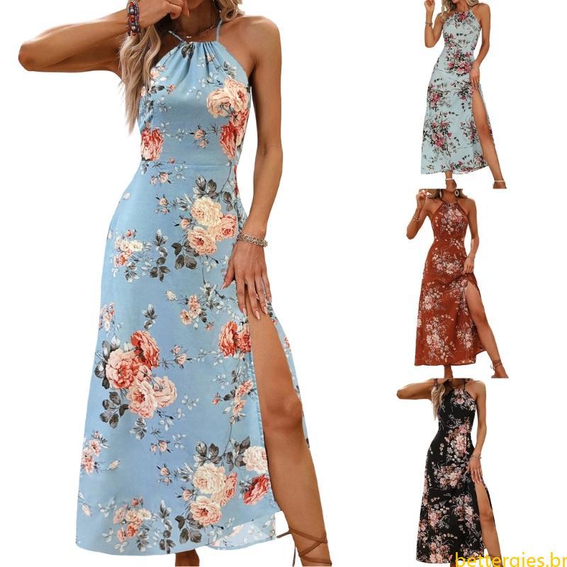 Bet Vestido Longo Feminino Estampa Floral E Fenda Perfeito Para Uso Praia