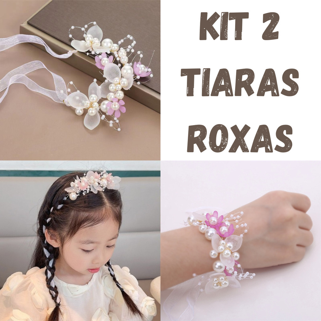 Kit 2 Tiaras Roxas Infantil Luxo com Flores e Pérolas Para Festas e Eventos Casamentos Daminha