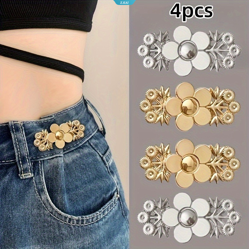 4 Peças De Apertadores De Cintura Jeans Florais – Encaixe Instantâneo , Ajustadores De Calças De Metal , Alfinetes Remov