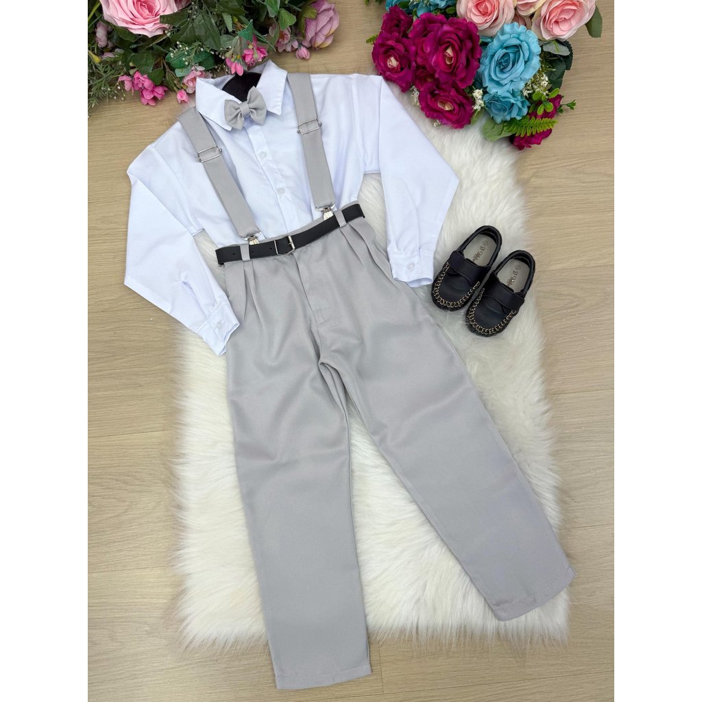 Conjunto Meninos Miss Cherry Leo Suspensorio Cinza Claro