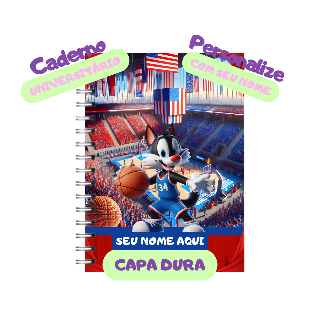 Caderno A4 Universitário 10 matérias Looney Tunes Basquete Frajola Capa Dura Laminado Personalizado 160 folhas 320 pág