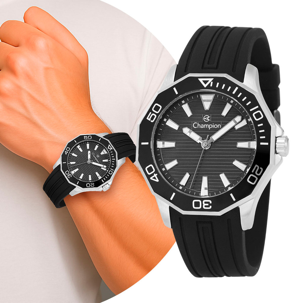 Relógio Masculino Preto de Pulso Pulseira de Silicone com Caixa de Aço Inoxidável Luxo Elegante Casual Champion Original