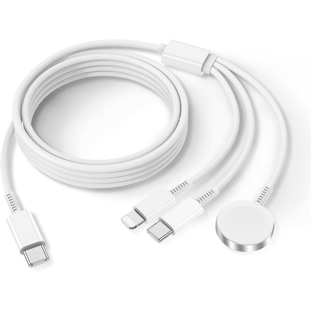 Carregador 3 em 1 com Indução Magnética: Lightning, Tipo-C/USB e Cabo de 1.2m para Relógio