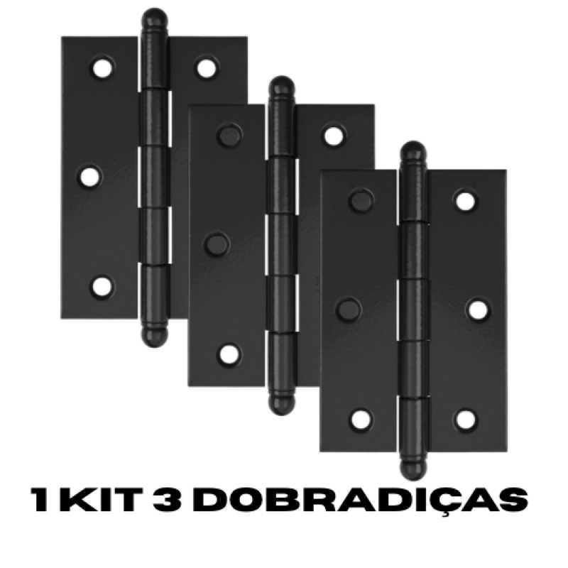 3 DOBRADIÇAS PARA PORTA PINO BOLA 3 1/2” PRETO COM PARAFUSOS