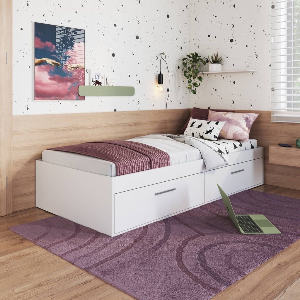 Cama Solteiro Baú Juvenil com 2 Portas Basculantes 80 Tókio Branco Branco