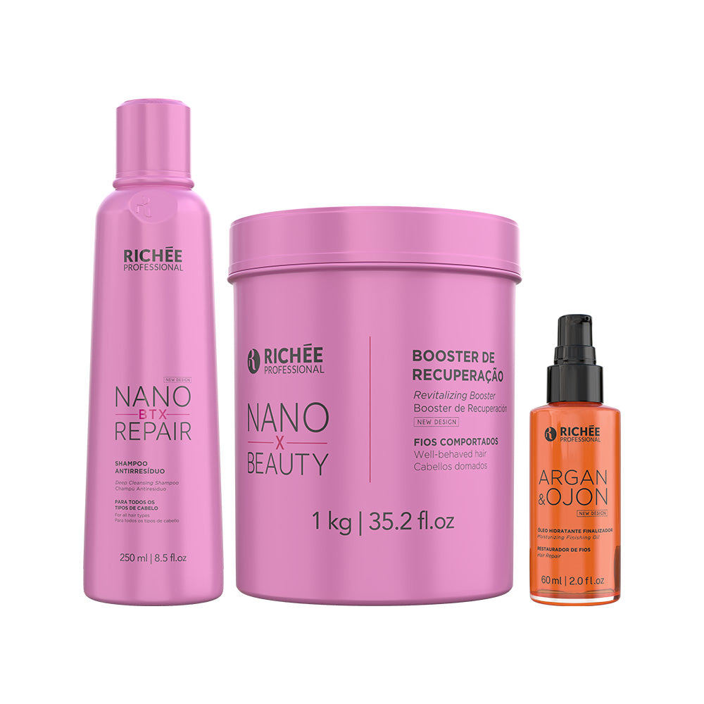 Richée Professional Kit Booster de Recuperação Nano X Beauty 1Kg + Oil Argan e Ojon 60ml + Sh. Antirresíduos Nanobtx Rep