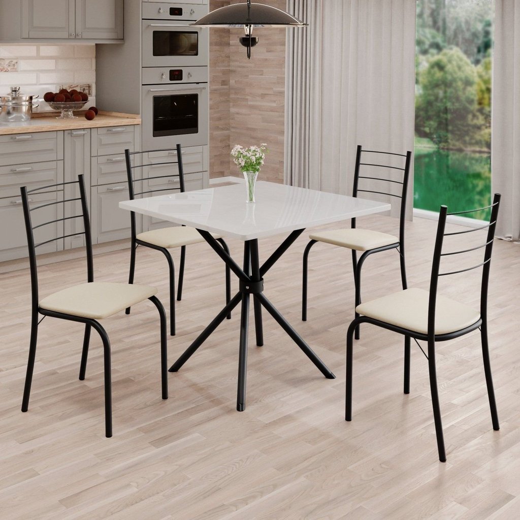 Conjunto Sala de Jantar Mesa Quadrada 70x70cm Tampo Madeira Mdp 4 Cadeiras Rio Creme/Preto Fosco