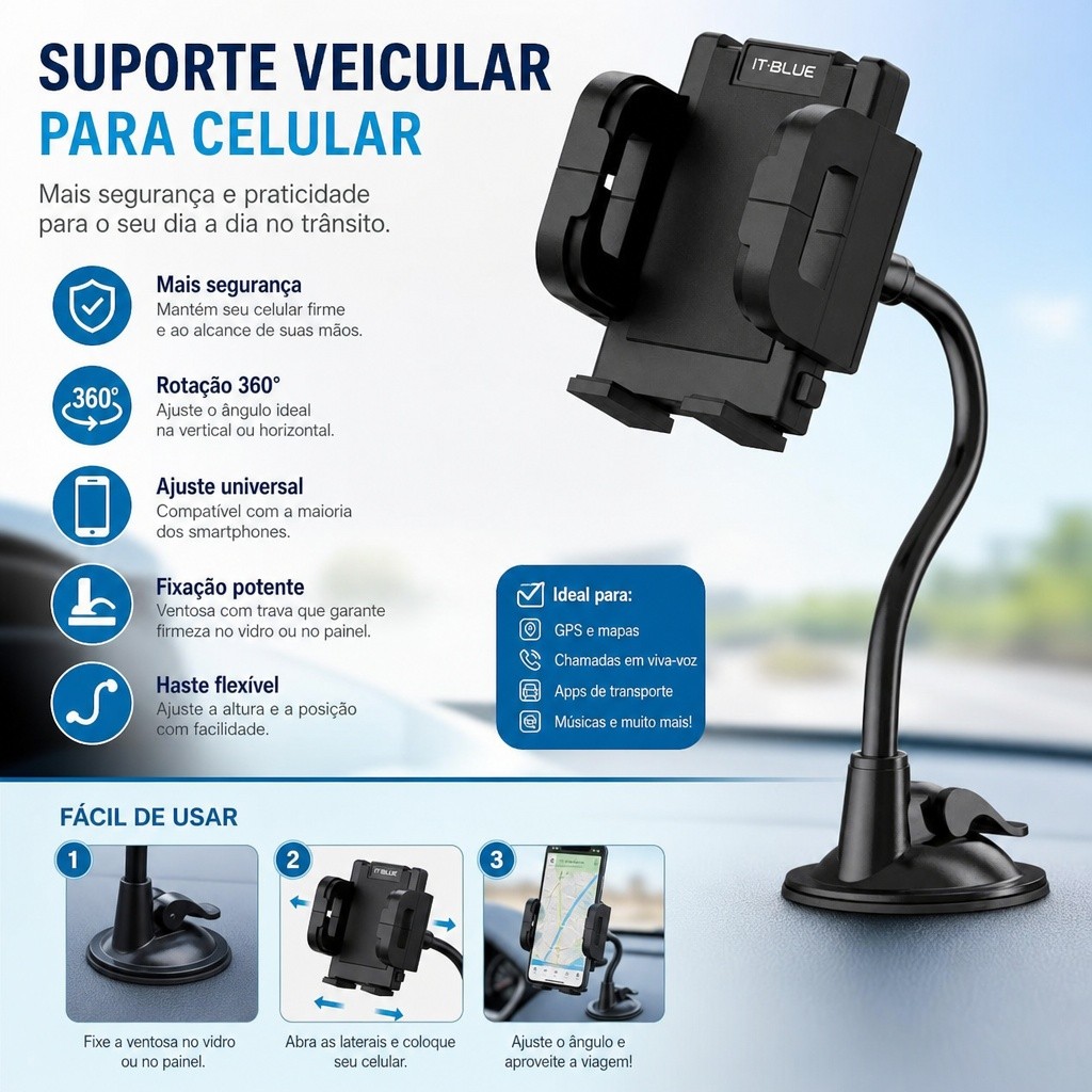 Suporte Veicular Universal LE-022 para Celular e GPS, Ventosa de Silicone, Rotação 360°, Fixação em Superfícies Lisas