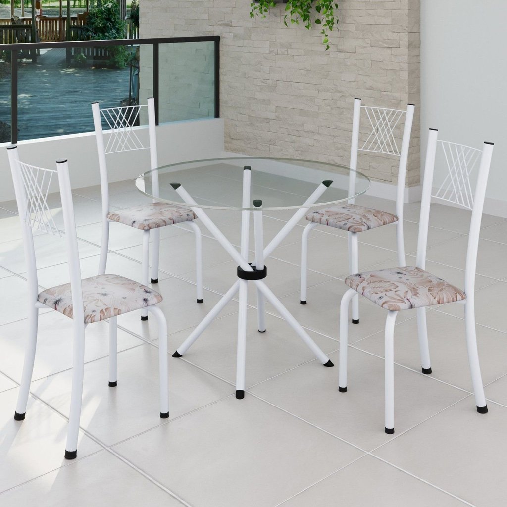 Conjunto de Jantar Mesa Tampo Redondo de Vidro Incolor com 4 Cadeiras Sara Yescasa Branco/Botanic Bege Botanic