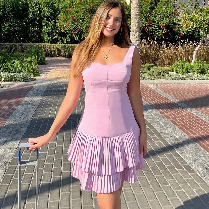 Vestidos Femininos de Cintura Alta, Mini Macacão, Vestido Sexy Sem Costas, Vestido Curto Plissado, Vestidos de Verão 202