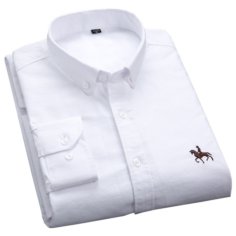 Camisa Casual Masculina de Manga Longa 100% Algodão Oxford, Bordada, Moda Regular Fit, Camisas Masculinas 3781