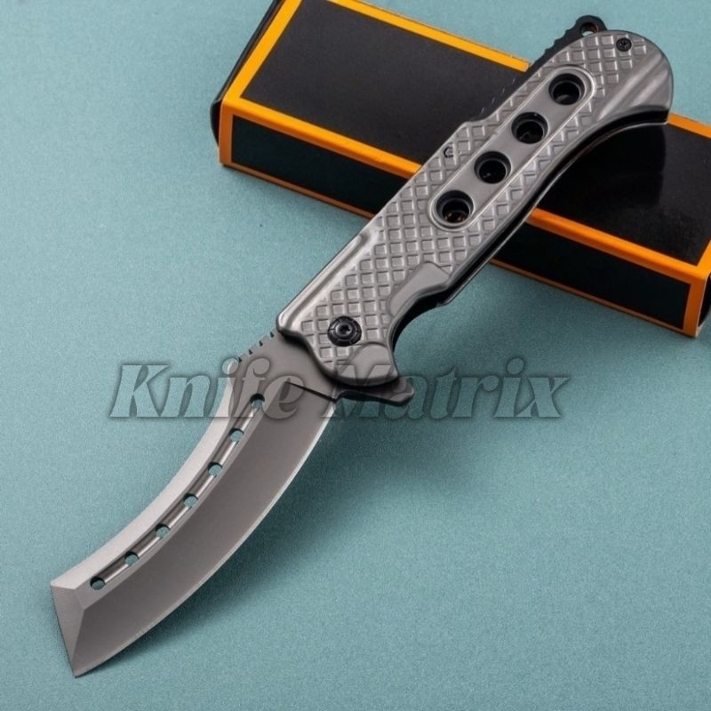 Canivete Cinza Titanium Semi Automatico Cavaleiro Com Clip de bolso e Trava 363 KNIFE MATRIX