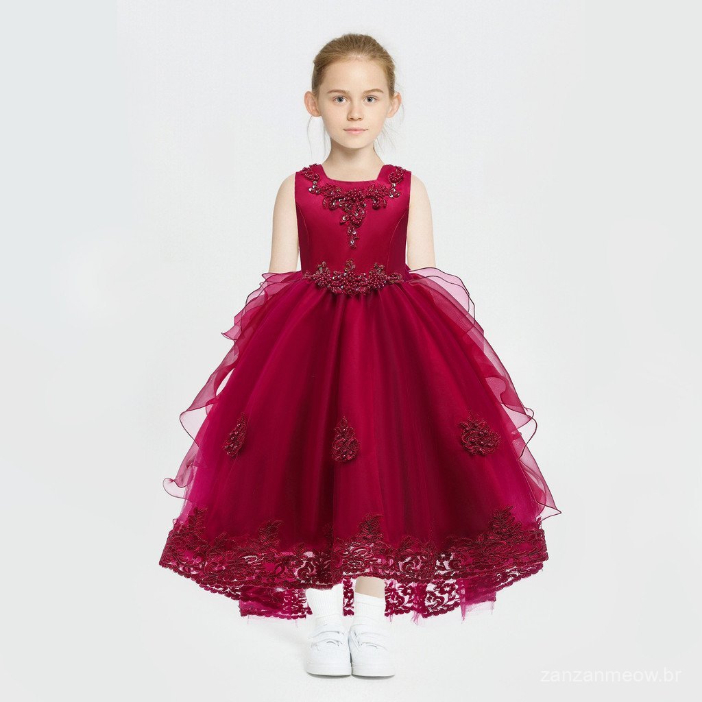 Vestido formal infantil, vestido de princesa em tule volumoso para casamento, vestido longo com contas e cauda, vestido