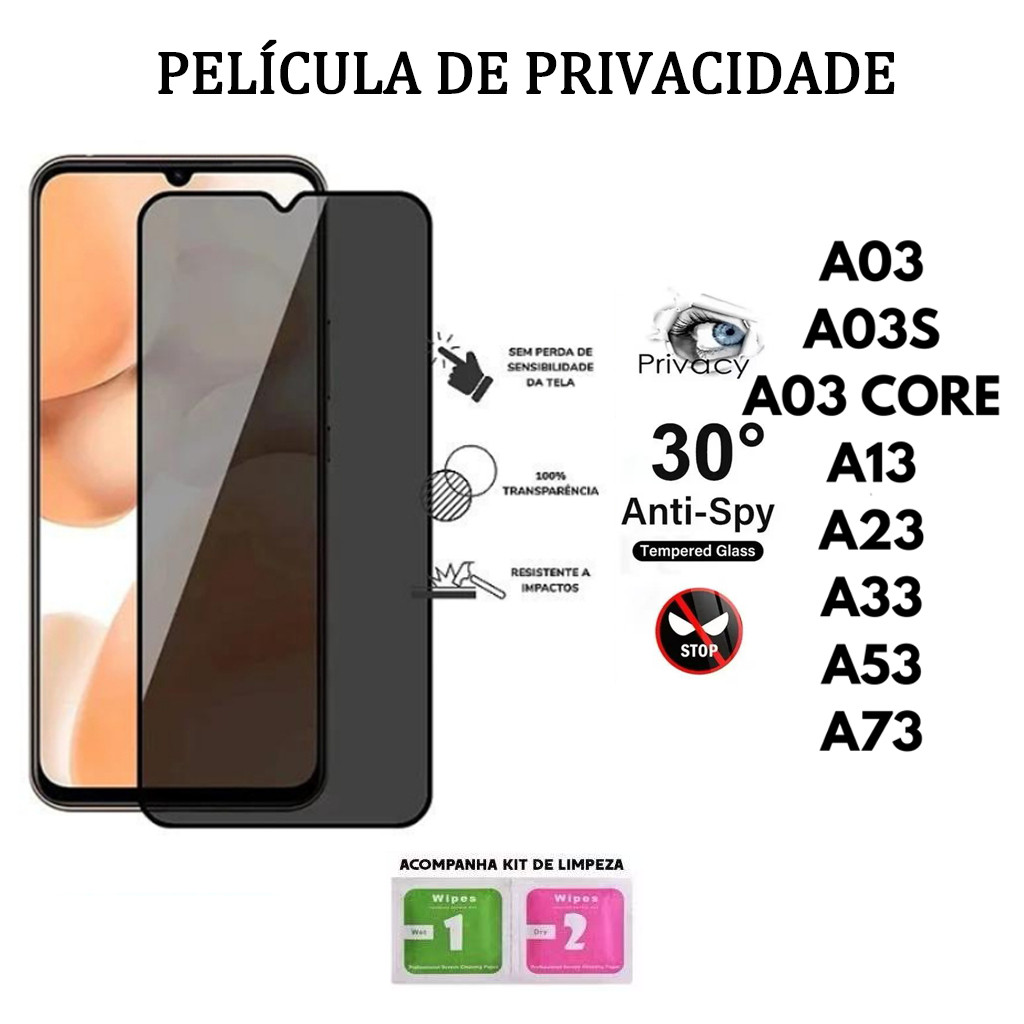 Kit 3PCS Película De Privacidade 3D Vidro Temperado Anti-Spy Para Samsung A03 A03S A03 CORE A13 A23 A33 A53 A73