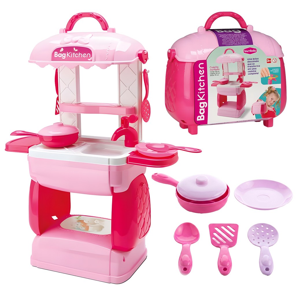 Bag Kitchen Cozinha 2 Em 1 Completa Com Pia Fogão E Acessórios Maleta Para Meninas - Bambola
