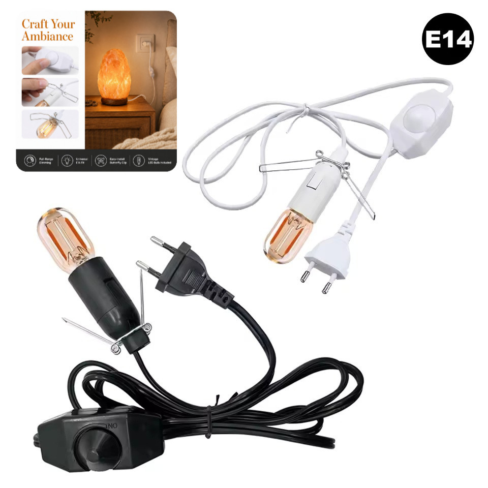 Cabo De Lâmpada De Sal Plugue Da Ue E14 Soquete 1.8M Decorativo Preto Branco Suporte Com Interruptor Dimmer Fio De Energ