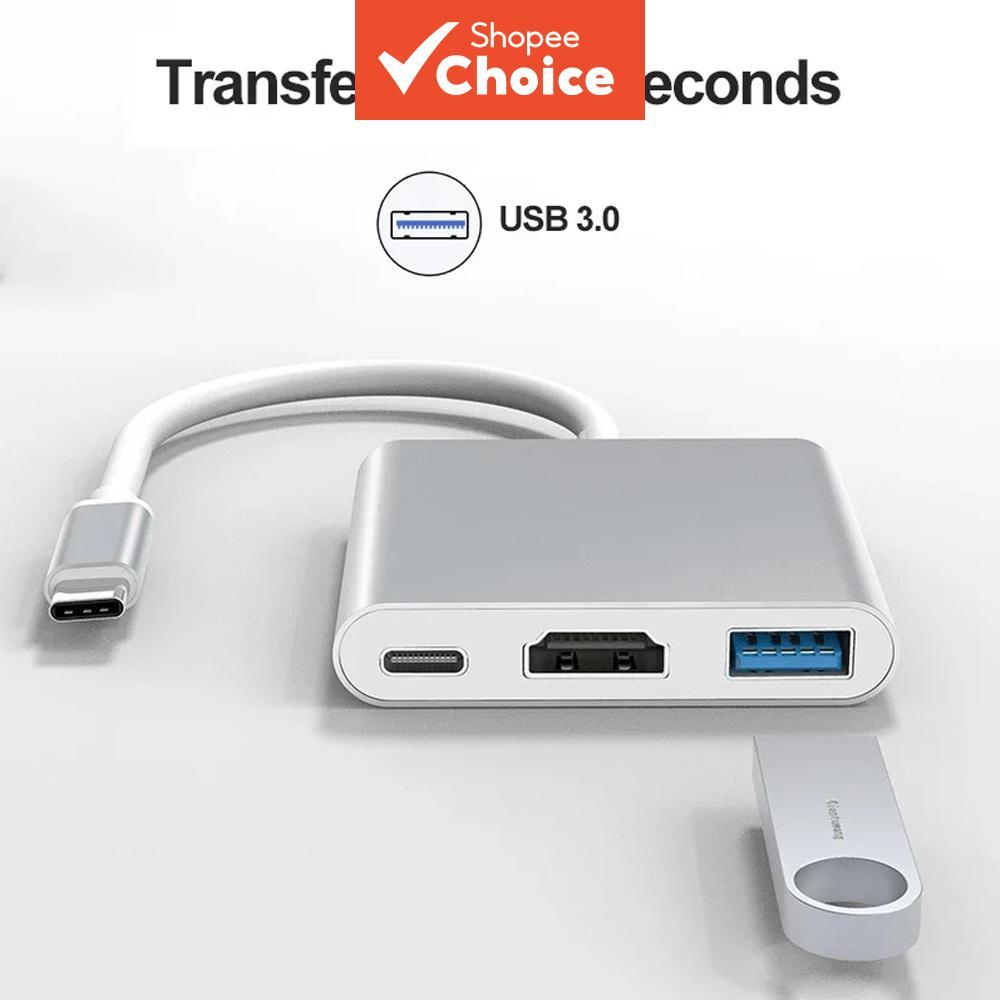 Adaptador USB-C para HDMI + USB + USB-C 10 Gbps 3 em 1: Hub OTG 4K para Laptops, Tablets e Smartphones