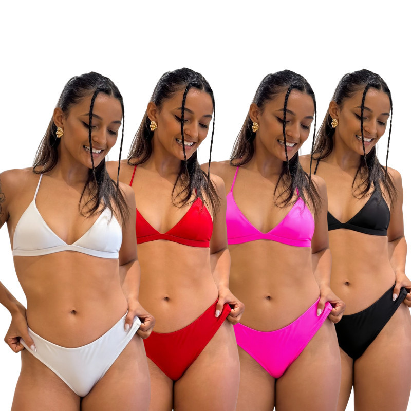 BikiniFeminino Cortininha Top Vermelho com Fita Triângulo Bojo Removível e Calcinha Asa Delta Bronze