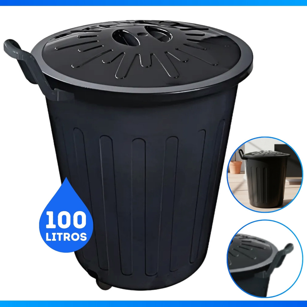 Lixeira Rendonda Preta 100 Litros Com Puxador Tampa Rodas