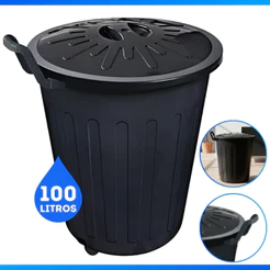 Lixeira Rendonda Preta 100 Litros Com Puxador Tampa Rodas