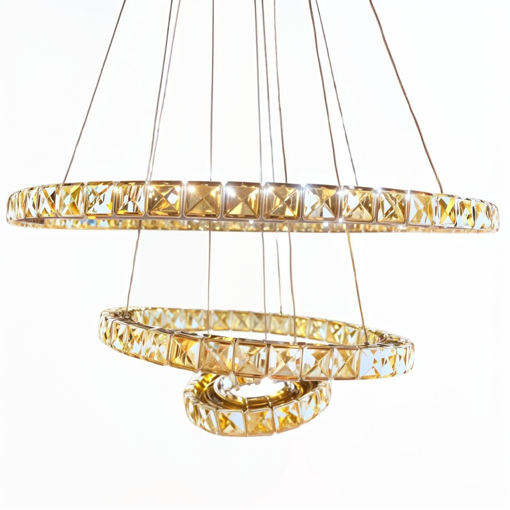 Lustre Pendente 3 Anéis Cristal LED Integrado – Luminária Teto Moderna Aço Inox Cromado Design Ajustável