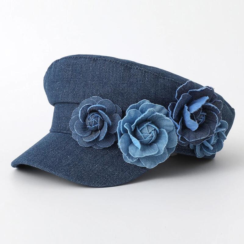 Bonés Newsboy Femininos, Boina de Denim, Bonés Militares Modernos com Topo Reto, Bonés de Capitão com Flores em Blocos d