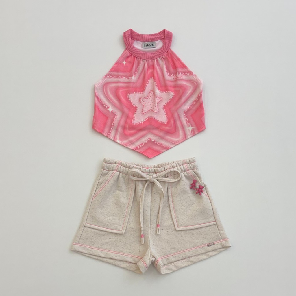 Conjunto Infantil Menina Infanti Cropped Rosa Strass E Shorts Linho Verão Moda Kids 87188