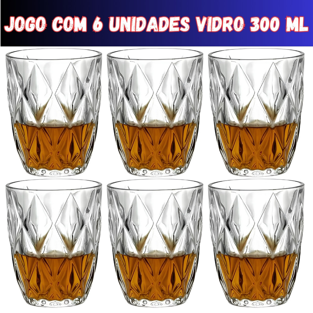 Jogo 6 Copos Baixos Diamond 300ml Vidro Grosso Diamante Luxo em Oferta na Shopee