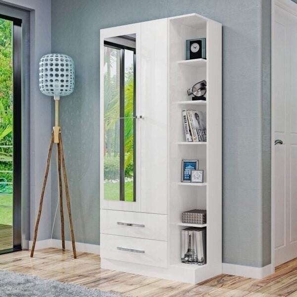 Guarda Roupa Solteiro 1 Espelho 2 Portas 2 Gavetas e Prateleiras Moju  Branco