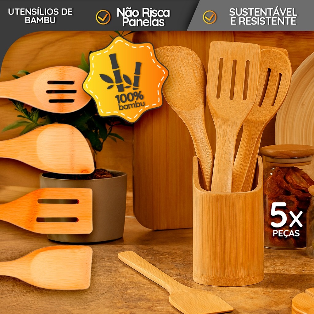 Kit 5 Utensílios de Bambu com Suporte Cozinha Natural