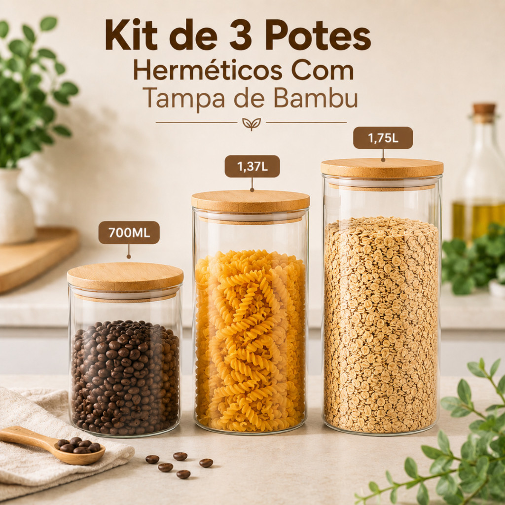 Kit 3 Potes de Vidro Herméticos Tampa de Bambu Porta Mantimentos Organizador Temperos Cozinha