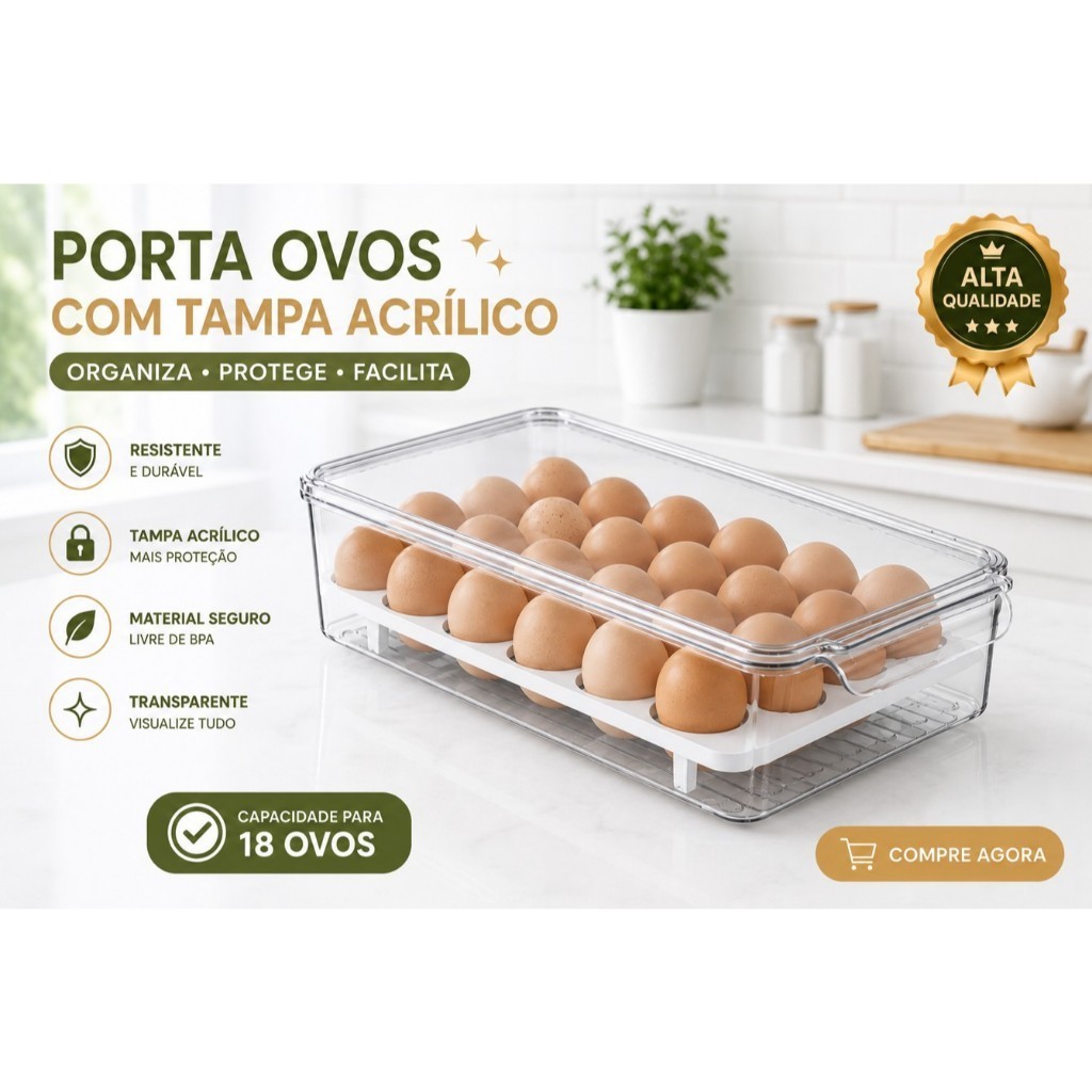 Porta Ovos 18 Ovos com Tampa Acrílica – Organizador Premium para Geladeira