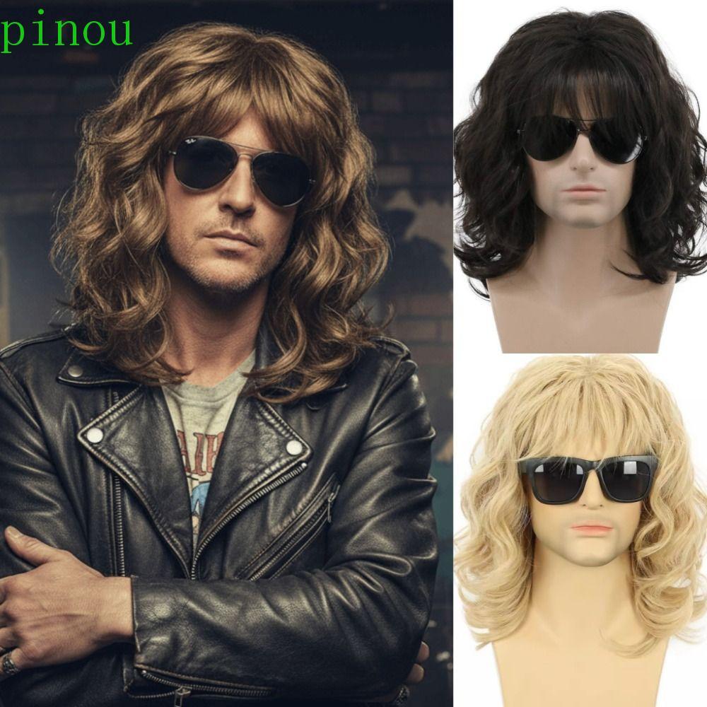 PINOU Perucas Onduladas Masculinas , Sintéticas Encaracoladas De Comprimento Médio Para Cosplay Homens , Cabelo Castanho